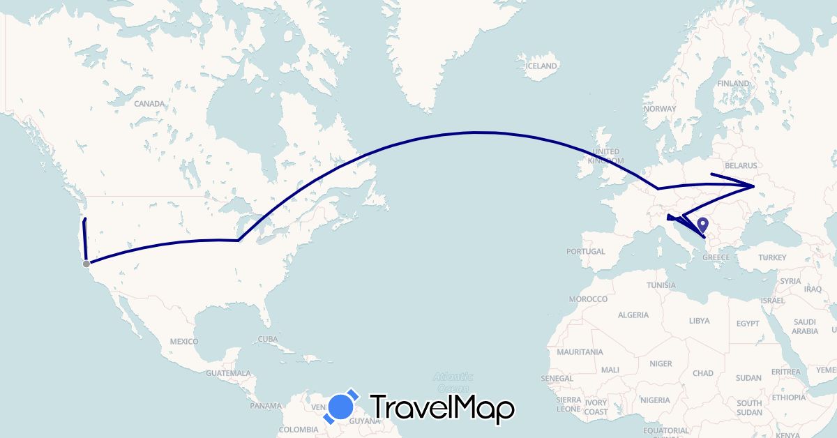 TravelMap itinerary: driving, plane in Germany, Italy, Montenegro, Poland, Slovenia, Ukraine, United States (Europe, North America)